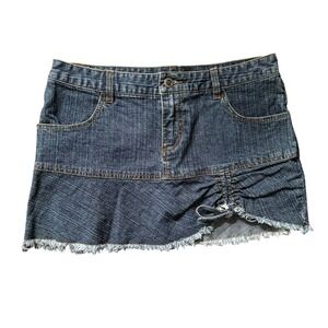 VTG Y2K Ruffle Denim Mini Skirt Ruched Club Medium 9/10 Raw Hem Festival Western